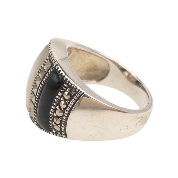 Sterling Silver Marcasite Onyx Mother of Pearl Statement Ring Size 7 - Picture 5 of 14